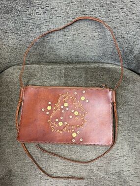 DKNY Yellow Floral Embossed Leather Slim Clutch Crossbody Purse Boho Green Suede